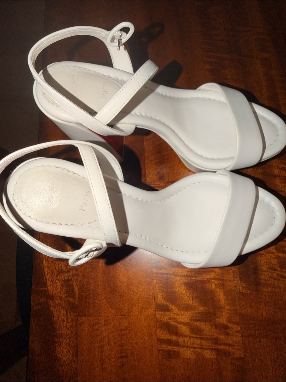 Christian Louboutin White Two-Strap Block Heel Sandals